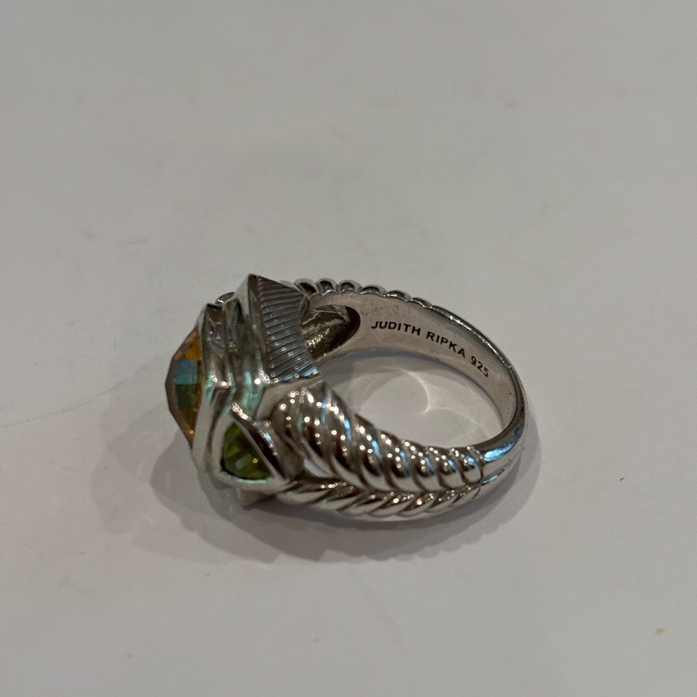 Judith Ripka Sterling, Citrine & peridot. Cushion-cut, triangle accents. SZ 7.5 - Picture 2 of 5